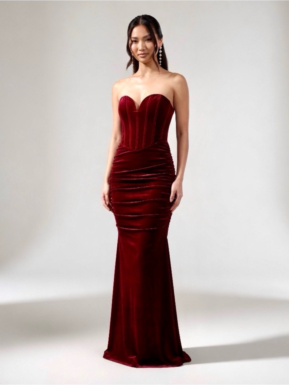 Fashion Nova Strapless Velvet Mermaid Gown in Deep Burgundy Sz L